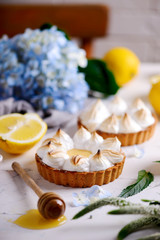 Vegan lemon meringue tart.selective focus.