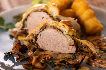 pork filet in puff pastry with croquettes