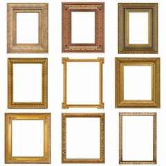 Set of golden frames for paintings, mirrors or photo isolated on white background