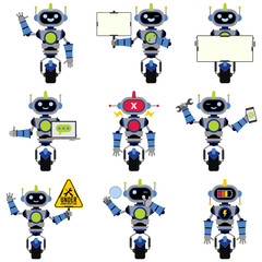 A cute mascot grey robot with different poses collection 01. Flat design style.