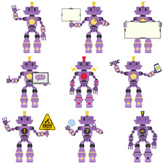 A cute mascot purple robot with different poses collection 02. Flat design style.