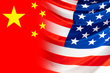 Flags of America and China. Confrontation between the US and PRC. The economic and political struggle of the United States of America and the Republic of China.
