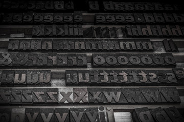 wooden letters blocks from old letterpress alphabet used for typesetting