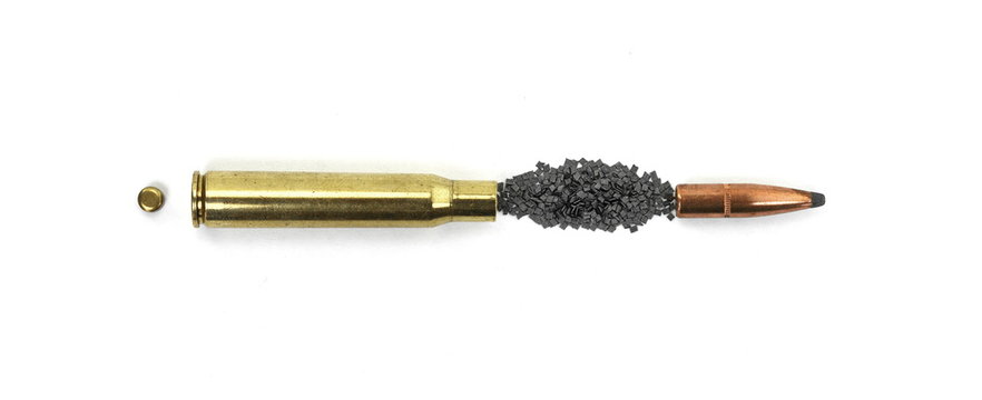 A rifle bullet with gun powder isolated