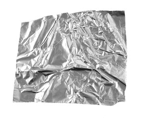 A piece of aluminum foil isolated on white background. Wrinkled aluminum foil.