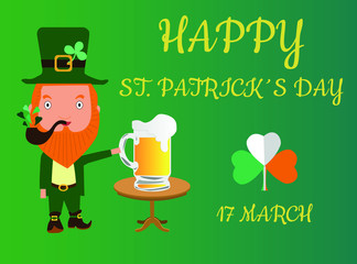 Cute cartoon leprechaun with beer in his hand over a table. Including decorative shamrock. St. Patrick's Day illustration design.