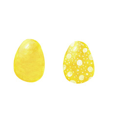 Set of two colored yellow eggs with white ornament isolated on white background. Watercolor gouache