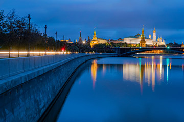 Moscow. Russia. View from the Moscow river to the Kremlin and the Grand Kremlin Palace. Evening Moscow. The center of the capital of the Russian Federation. Cities of Russia.