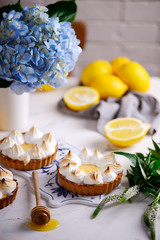 Vegan lemon meringue tart.selective focus.