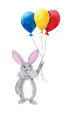 Obraz na płótnie Canvas Cute rabbit bunny flying with colorful air baloons on white background. Watercolor gouache hand drawn illustrations