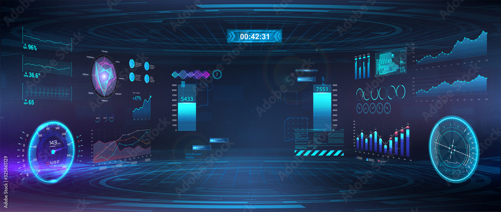 Aufkleber Cyberspace Virtual reality in HUD, GUI style. Futuristic VR design display. Head-up User Interface. Cyberpunk Sky-fi helmet or cockpit dashboard with speedometer, infographics and indicators. Vector