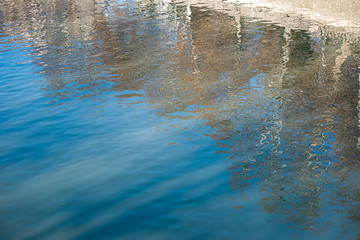 Blue water surface with reflections tree