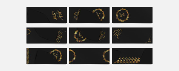 Set of gold frames black glitter effect on dark background artistic covers design colorful realistic texture modern