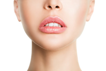 Sexual full lips. Natural gloss of lips and woman's skin. The mouth is open. Increase in lips,...