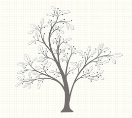 Tree with leaves and berries in a gray tone in vintage style on a notebook page on a light background