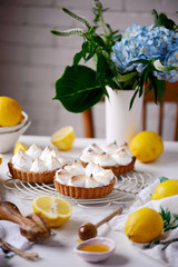 Vegan lemon meringue tart.selective focus.