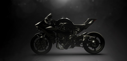 Modern black sports motorcycle in dark environment (3D Illustration)