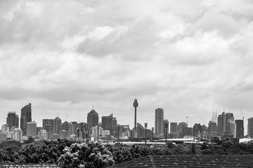 Fototapeta premium Sydney, NSW - 22 10 2018: Czarno-biały zachmurzony widok CBD