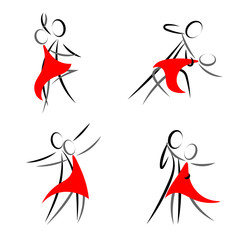 Vector graphics. silhouette of a dancing man and woman in a red dress isolated on a white background. A pair of dancers. Several variants.