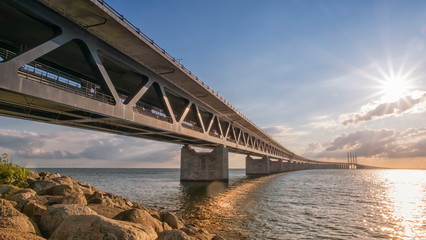 Fototapeta na wymiar Famous Oresundbron, the Oresund bridge between Copenhagen in Denmark and Malmo in Sweden by day