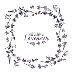 Obraz na płótnie Canvas Hand drawn sketch decorative elements, round frame of lavender. Vector illustration. Place for your text.