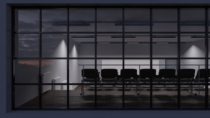 Rear View of a Dimly Illuminated Lecture Hall Behind the Windows 3D Rendering