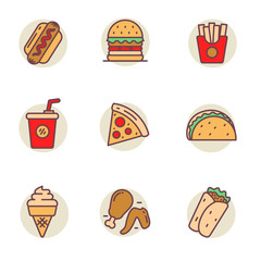 Set of fast food icons in linear color style isolated on white background 