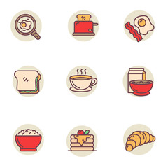 Set of breakfast foods icons in linear color style isolated on white background 