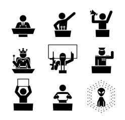 Politicians speakers. Icon set of debate rostrum and podium. Collection of pedestal, tribune and podium with microphone for conference. - obrazy, fototapety, plakaty