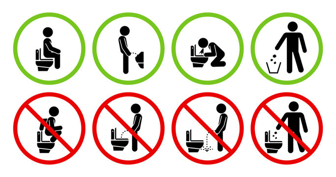 Set of toilet signs. WC icons.  Restroom Signs Illustration. No pee sign. Set of prohibition signs.