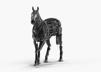 Black mechanical horse in movement on white background. 3D rendering