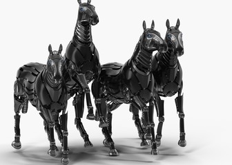 Black mechanical horse in movement on white background. 3D rendering © Sergii