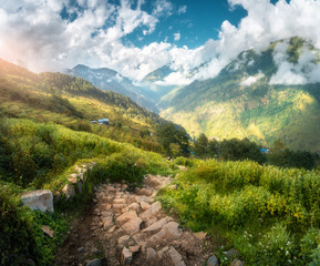 Beautiful stone trail in mountain valley at sunset in spring in Nepal. Landscape with stone steps, green grass, hills with forest, blue cloudy sky with sunlight in the evening. Amazing nature. Travel