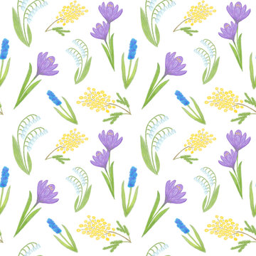 Seamless spring flowers pattern on the white background, wall paper, scrapbooking, textile, flowers ornament, high quality for print