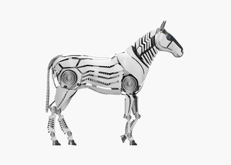 White mechanical horse in movement on white background. 3D rendering