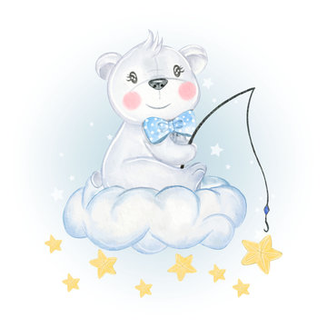baby bear sit on the clouds fishing star