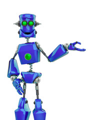 funny robot cartoon demonstraiting some thing in a white background