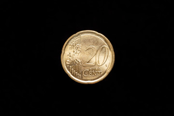 Italian 20 Euro Cent coin from 2011, reverse. Isolated on black background