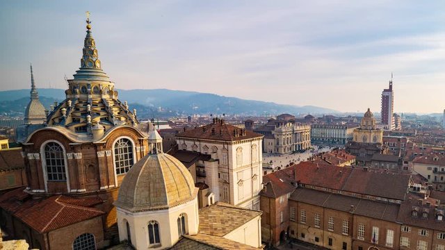 Turin, Torino, aerial timelapse skyline panorama with the Alps in the background. Italy, Piemonte, Turin, piedmont, Italy