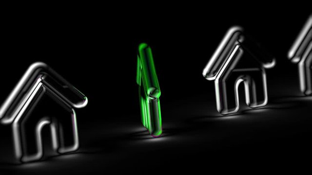 House icon in black background. Looping footage. 3D Illustration.