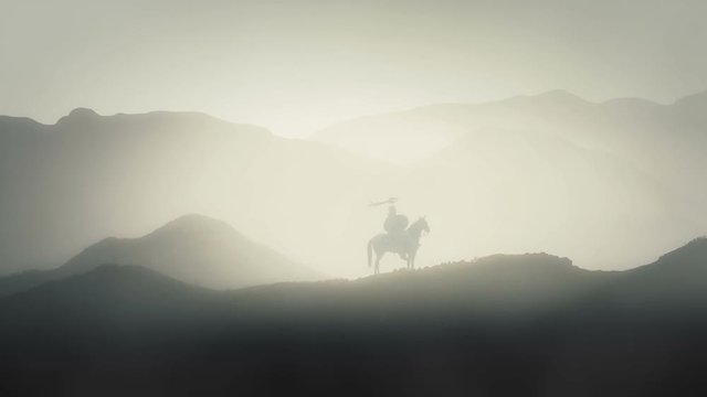 Roman Soldier Holding a Draco on a Horse in the Mountains