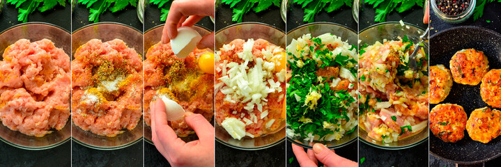 Food collage. Cooking meatballs, step by step photo, ingredients for chicken minced meatballs.