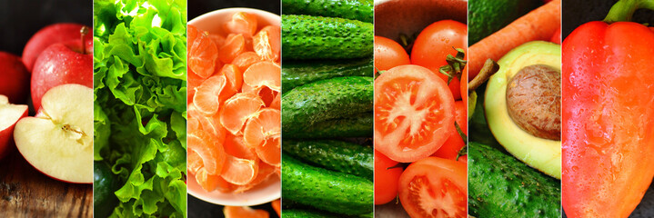 Vegetarianism and raw food diet. Food collage. Collage variety of raw vegetables and fruits. Healthy food.