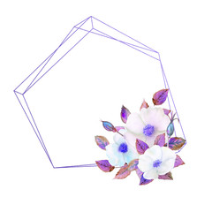 White rosehip flowers, a composition in a geometric blue frame. Floral poster, invitation in purple tones. Watercolor compositions for the decoration of greeting cards or invitations