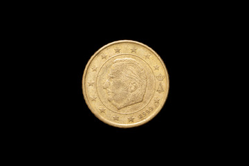 Belgian 50 Euro Cent coin from 1999, obverse showing King Albert facing left. Isolated on black background