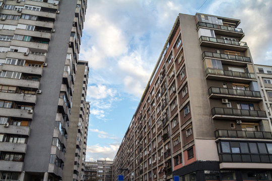Traditional communist housing in the city center of Belgrade, Serbia. These kind of high rises are symbols of the brutalist architecture