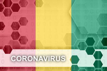 Guinea flag and futuristic digital abstract composition with Coronavirus inscription. Covid-19 outbreak concept