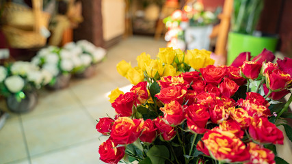Interior of florist store, flower store, focus on roses in foreground 