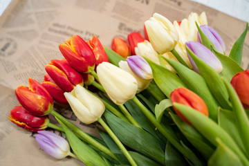 Fresh colorful tulips on decorative newspaper background 