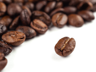 Close-up of roasted Thai coffee beans on white background. Shallow depth of field.
